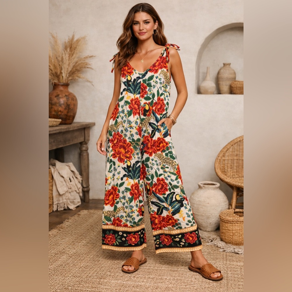 Talisman the Label Temple‎ Print Wide Leg Jumpsuit Size Lg NWT